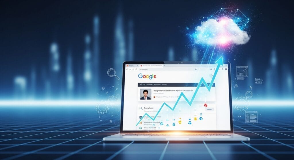 Graphic showing a business website ranking high in search results, representing successful SEO for business.
