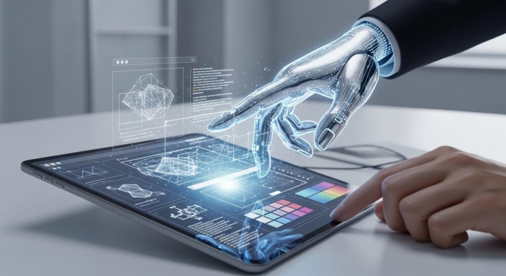 AI assisting a human designer in creating a website, symbolizing efficiency in AI website design 2025.