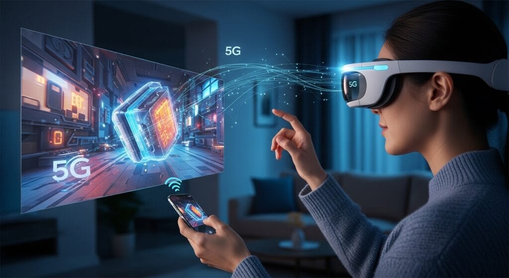 A user experiencing an immersive AR application, powered by 5G-enabled app features and 5G app development.