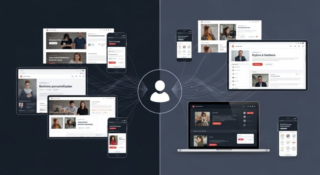 AI-driven hyper-personalization, showing tailored website content adapting for different users through AI website design.
