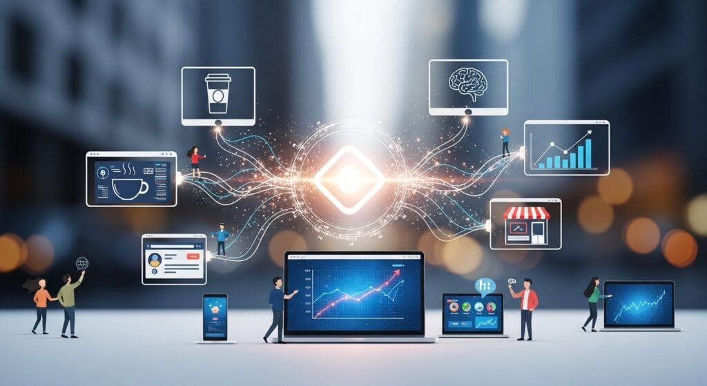 Holistic view of a small business thriving with AI website design in 2025, showcasing growth and user engagement.