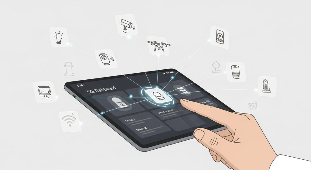 A mobile app interface controlling smart IoT devices and connected spaces, showcasing 5G app development for massive machine communications.