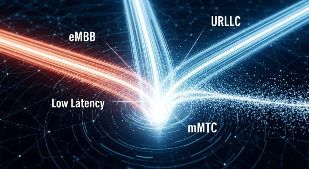 Visual representation of 5G's core pillars: speed, low latency, and massive connectivity enabling 5G app development 2025.