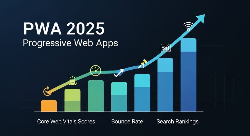 Infographic showing PWA 2025 impact on SEO: improved Core Web Vitals, faster load speed, and higher search rankings.