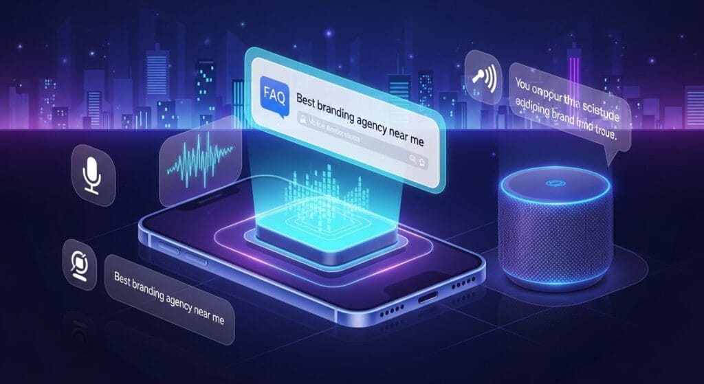 Voice search branding 2025 with holographic FAQ result