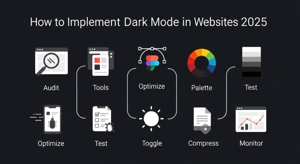 Infographic detailing step-by-step implementation guide for Dark Mode UX Design 2025 on websites.