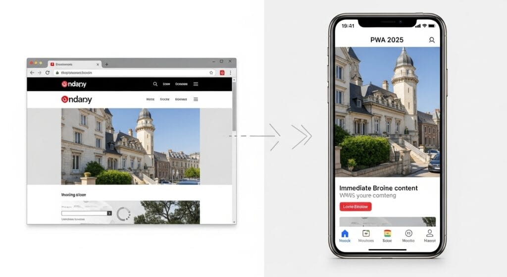 Visual comparison showing a responsive website transforming into an immersive Progressive Web Apps 2025 for enhanced user experience.