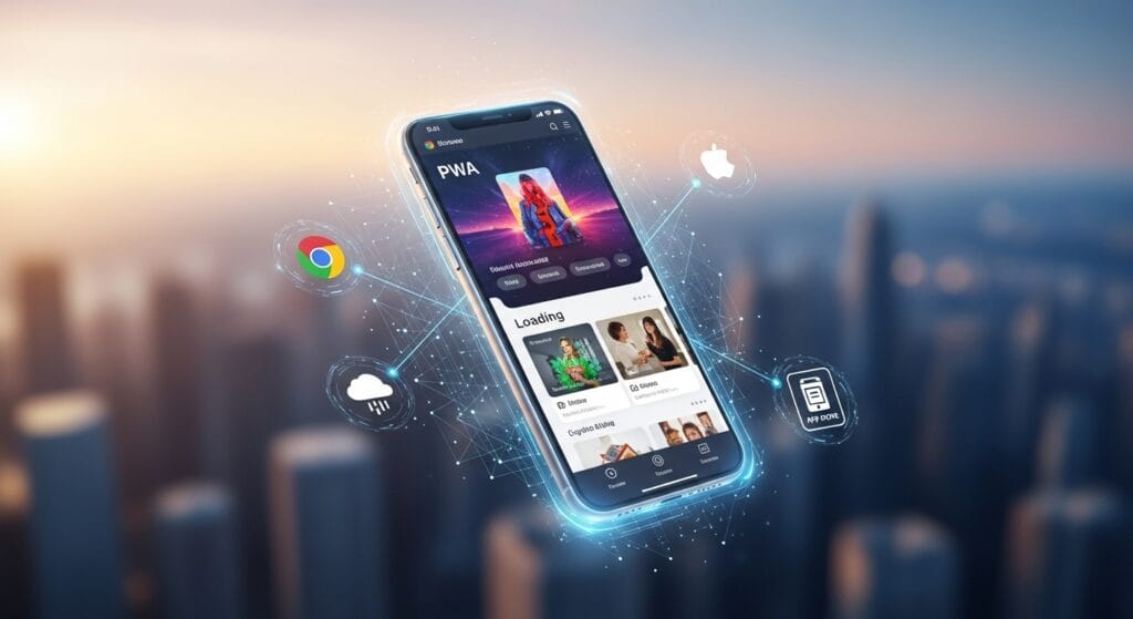Dynamic image of a smartphone displaying a Progressive Web App 2025, symbolizing the future of mobile engagement and web-app integration.