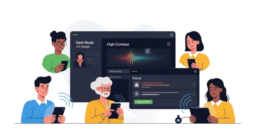 Diverse users interacting with accessible Dark Mode UX Design 2025, demonstrating WCAG compliance and inclusivity.