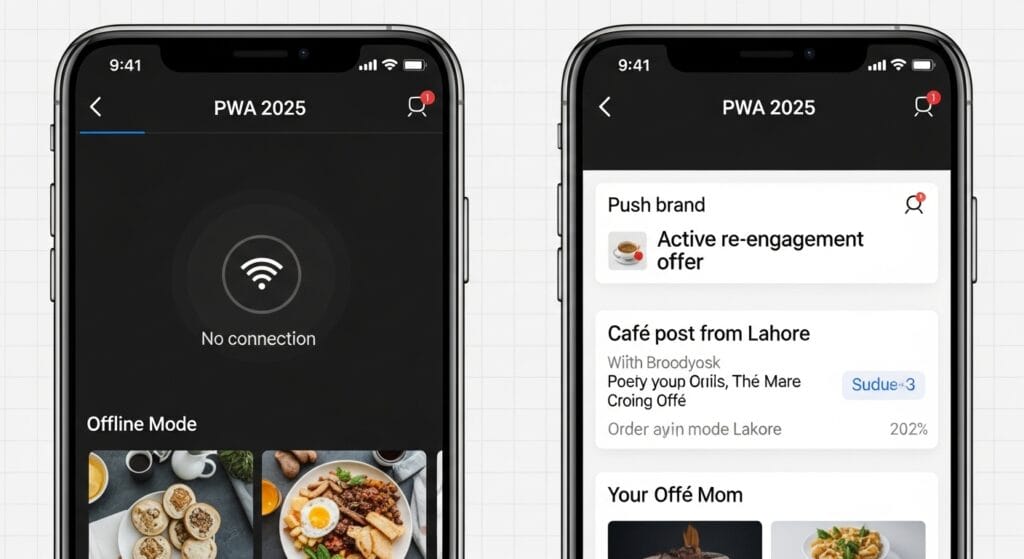Smartphone demonstrating PWA 2025 offline functionality and active push notifications for improved customer engagement.