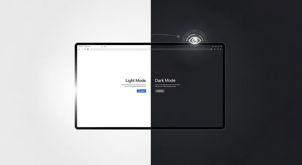 Comparison showing benefits of dark mode web design 2025 versus light mode, highlighting user preference and eye comfort.